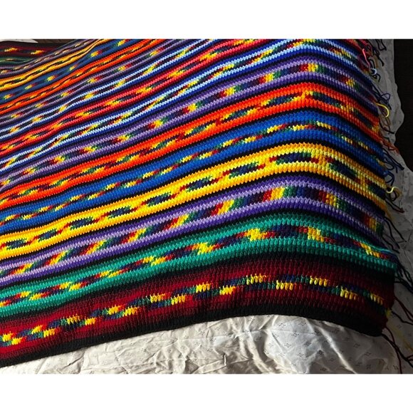 VTG Handmade Crochet Rainbow Striped Blanket Vibrant Multicolor 70x100in - Picture 8 of 16